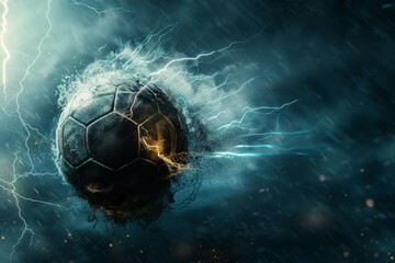 Electrifying Soccer Ball Engulfed in Powerful Thunderstorm Backdrop