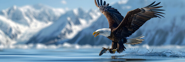 Eagle's majestic descent from the sky talons extended aiming to snatch a fish from the water's surface with incredible precision,Water splash resembling a soaring eagle against a blue sky backdrop.
 - obrazy, fototapety, plakaty