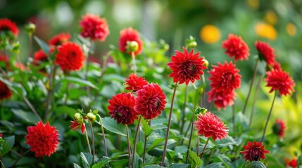 Lush red dahlia flowers in a flower bed in summer.