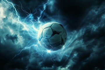 Football ball surrounded by lightning and electric charge in dramatic stormy weather backdrop for high intensity sports and action game concept - obrazy, fototapety, plakaty