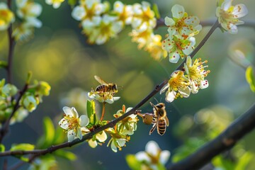 Close-up of bee on first blooms, early spring garden