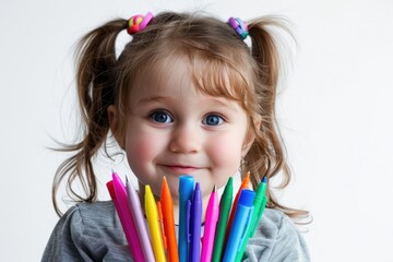 Girl with colorful pens isolated on a white background
