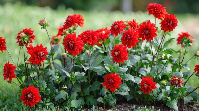Lush red dahlia flowers in a flower bed in summer.