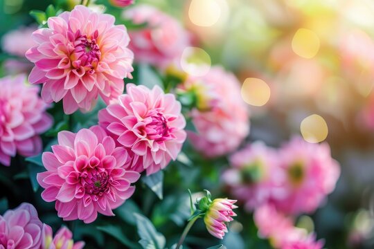Lush pink dahlia flowers in a flower bed in summer.