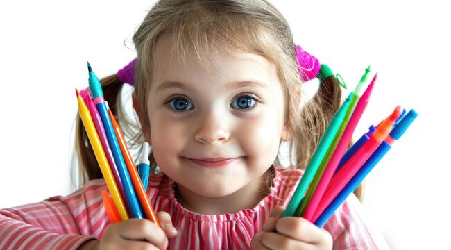 Girl with colorful pens isolated on a white background