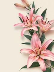 Elegant Pink Lily Blossoms with Greenery on Soft Cream Background - obrazy, fototapety, plakaty