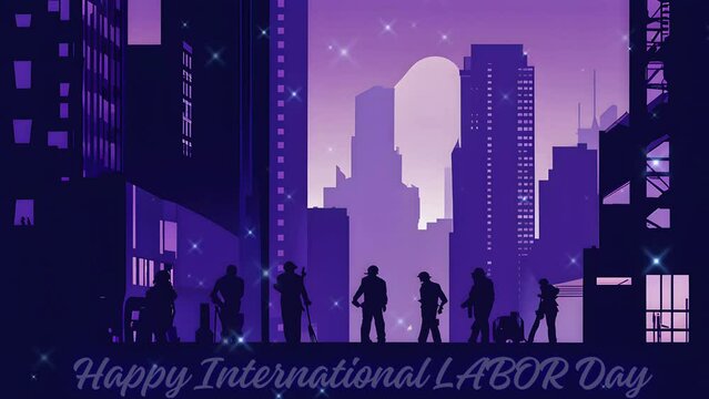 Lofi Illustration of people workers happy, team building, dark purple style, refined with greeting text and glitter glow