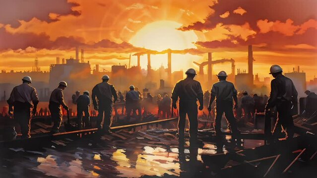 Construction workers working in the afternoon with sunset lighting and smoke overlay, labor day concept, digital illustration, oil painting