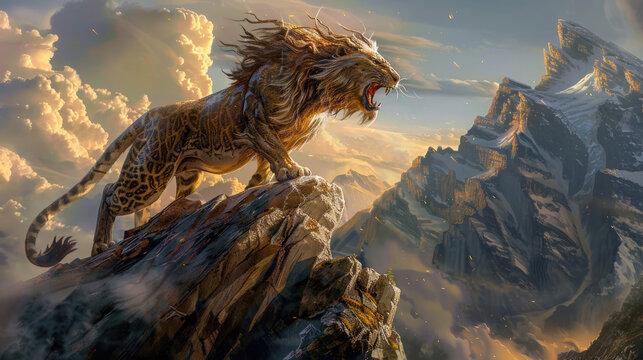 A mythical creature, part lion, part dragon, roars atop a rugged mountain peak, overlooking a vast kingdom below The image captures the mystical aura of a legendary beast