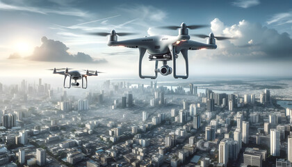 Drones Hovering Over a Bustling Metropolis
 - obrazy, fototapety, plakaty