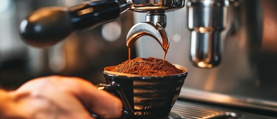 Coffee is individually ground by hand and conveyed into a portafilter deploying a grinder relaxing and space, Generative AI. - obrazy, fototapety, plakaty