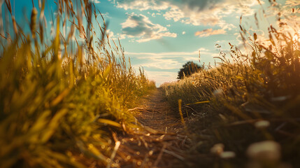 Fototapeta premium Warm light bathes a field of golden grass as the summer sun dips below the horizon
