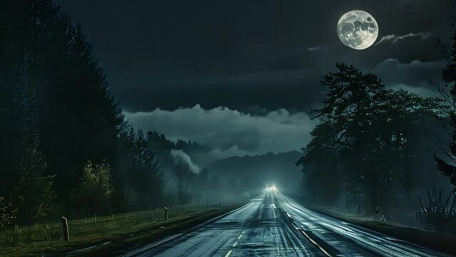 asphalt road at night with beautiful moon view, footage, 4k footage, videos, slow motion, hd