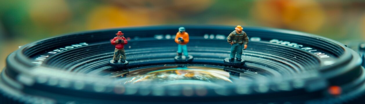 miniature people on top of a black camera lens, in the style of photobash, humorous depictions, photographic source