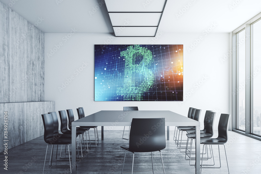 Poster Creative Bitcoin symbol hologram on presentation monitor in a modern boardroom. Mining and blockchain concept. 3D Rendering
