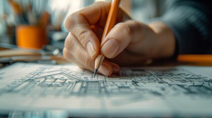 Male Engineer Works with Blueprints Laying on Table, Uses Pencil, Multiple Drawings. Focus on Hands