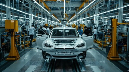 Engineers and technicians carefully assembling components of an electric vehicle in the factory