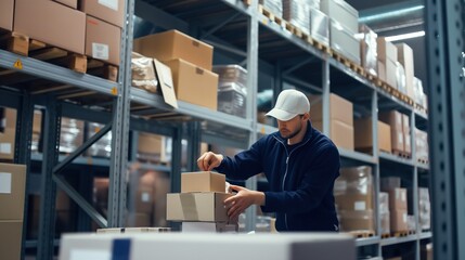A worker in a warehouse logistic centre sorts through boxes and parcels
