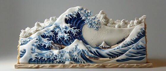 An intricately decorated cake with a tsunami wave design, featuring white and blue icing and a small edible ship on the crest, a slice cut out to reveal layered inside