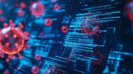 System hacking with info message.&nbsp;Background with a code on a blue background and a virus warning.&nbsp;Cyber security and cybercrime