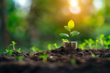 The small saplings that grow with stack of coins include the yellow light flooding the trees, business ideas, saving money, and economic growth.