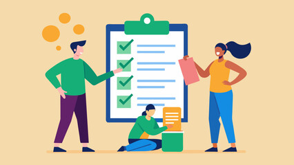 Vector illustration of Checklist. The team checks items of an agreement, contract isolated backgroun.Team Reviewing Contractual Elements.