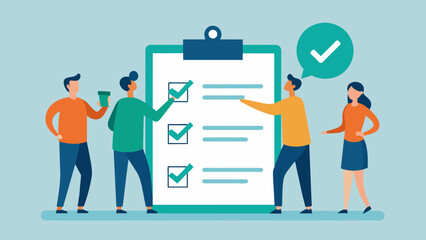 Vector illustration of Checklist. The team checks items of an agreement, contract isolated backgroun.Team Reviewing Contractual Elements. - obrazy, fototapety, plakaty