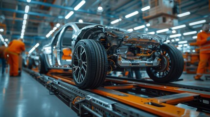 Fototapeta premium Engineers and technicians carefully assembling components of an electric vehicle in the factory