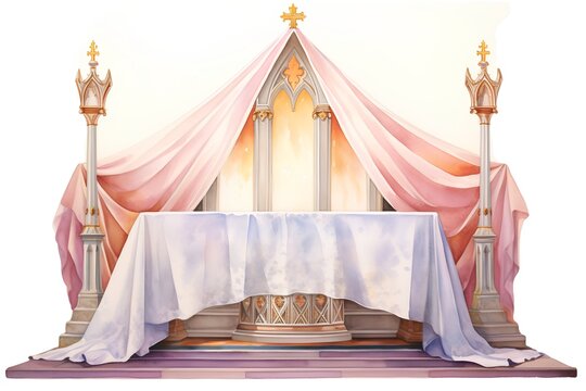 3d render of a royal throne with a white tablecloth and a golden crown