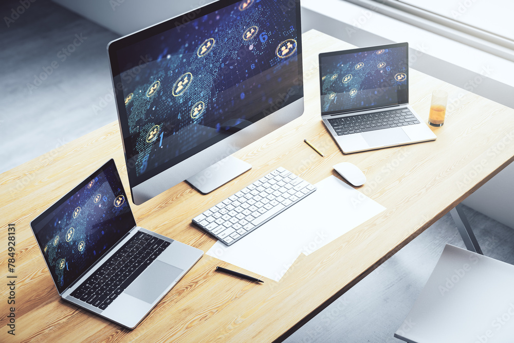 Fototapete modern computer monitor with social network icons concept with world map. marketing and promotion co
