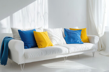 White living room with blue and yellow pillows on the white sofa, wooden floor, window light, bright room, modern interior design