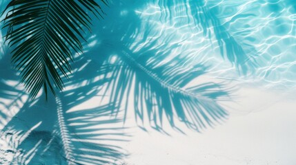 Top view of water surface with tropical leaf shadow. Shadow of palm leaves on white sand beach. Beautiful abstract background concept banner for summer vacation at the beach