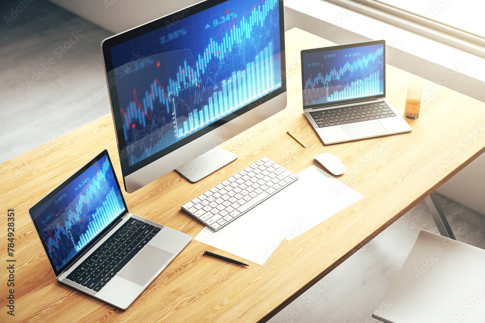 Poster Modern computer screen with abstract financial diagram, banking and accounting concept. 3D Rendering
