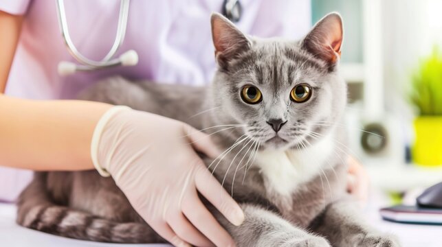 Doctor Veterinarian listens to a sick cat with a stethoscope, conducts a medical examination, first aid and appointment in a veterinary clinic. Veterinery consultation, vet care