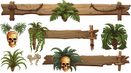 Wooden signboard with green leaves and skull for ga - obrazy, fototapety, plakaty