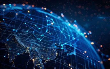 Obraz premium Communication technology for internet business. Global world network and telecommunication on earth cryptocurrency and blockchain and IoT