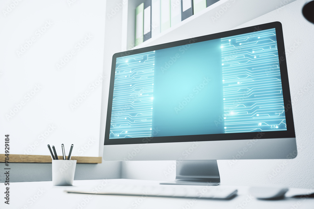 Aufkleber Creative abstract micro chip hologram on modern computer monitor, artificial intelligence and machine learning concept. 3D Rendering
