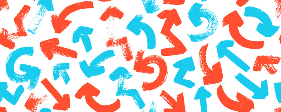 Various bold brush drawn arrows seamless pattern. Hand drawn different straight lines with angles, with bold arrows. Seamless abstract geometric pattern in sketchy grunge style.