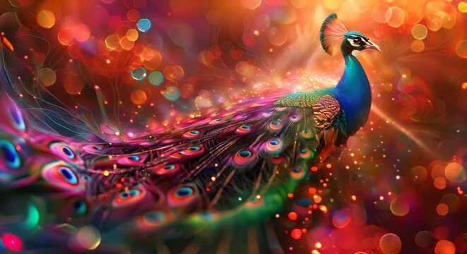 A colorful peacock with its head held high and its tail spread out