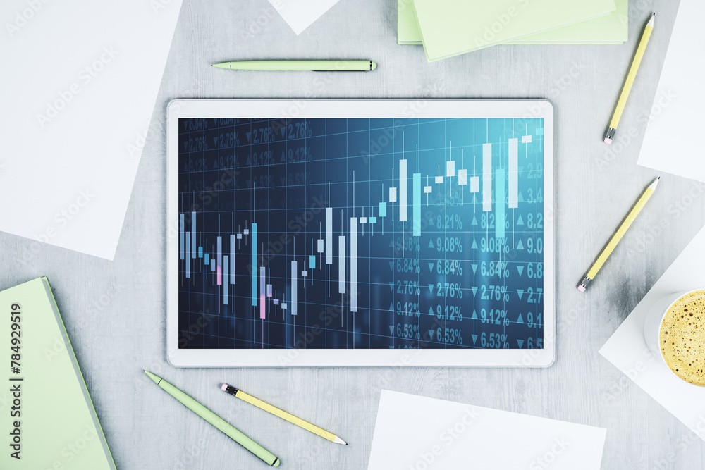 Poster Top view of abstract creative financial diagram on modern digital tablet display, banking and accounting concept. 3D Rendering