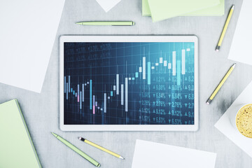 Top view of abstract creative financial diagram on modern digital tablet display, banking and...