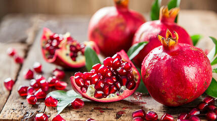 A group of pomegranates, a superfood, displayed on a rustic wooden table, ready to be used as an ingredient in various dishes and recipes - obrazy, fototapety, plakaty