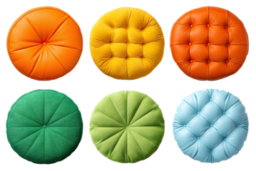 Set of different round pillows isolated on transparent background, top view