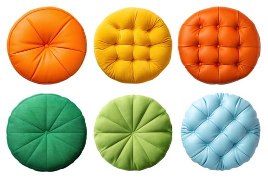 Set of different round pillows isolated on transparent background, top view