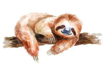 Obraz premium Cute and Whimsical Watercolor of a Relaxed Sloth Perched on a Tree Branch with a Peaceful,Dreamlike Atmosphere
