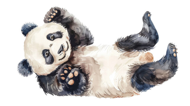 Whimsical Panda Rolls with Laughter in Playful Watercolor on White Background