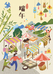 Duanwu festival poster with people at outdoor traditional market. Text: Dragon Boat Festival. May 5th