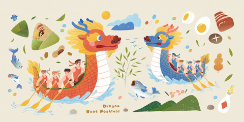 Dragon boat festival elements isolated on beige background with dragon boats, food, and decorations. - 784929957