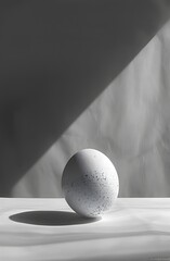 Black and white image of an egg with long geometric shadows can convey artistic and photography concepts such as simplicity, balance, abstract art, emphasis on details, playing with light and shadow.
