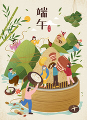 Duanwu holiday poster. Miniature people on giant zongzi mountain. Text: Dragon Boat Festival. May 5th - 784929986